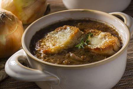 Onion and Garlic Soup with Toasted Baguette