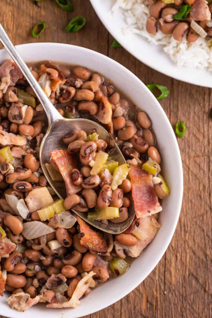 overhead view of herbs added to Hoppin John