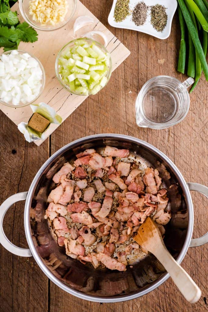 Bacon sautéed in a stock pot