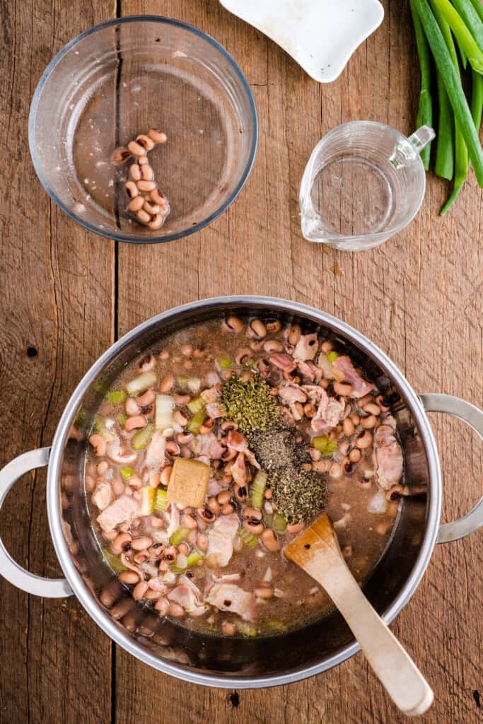 overhead view of herbs added to Hoppin John