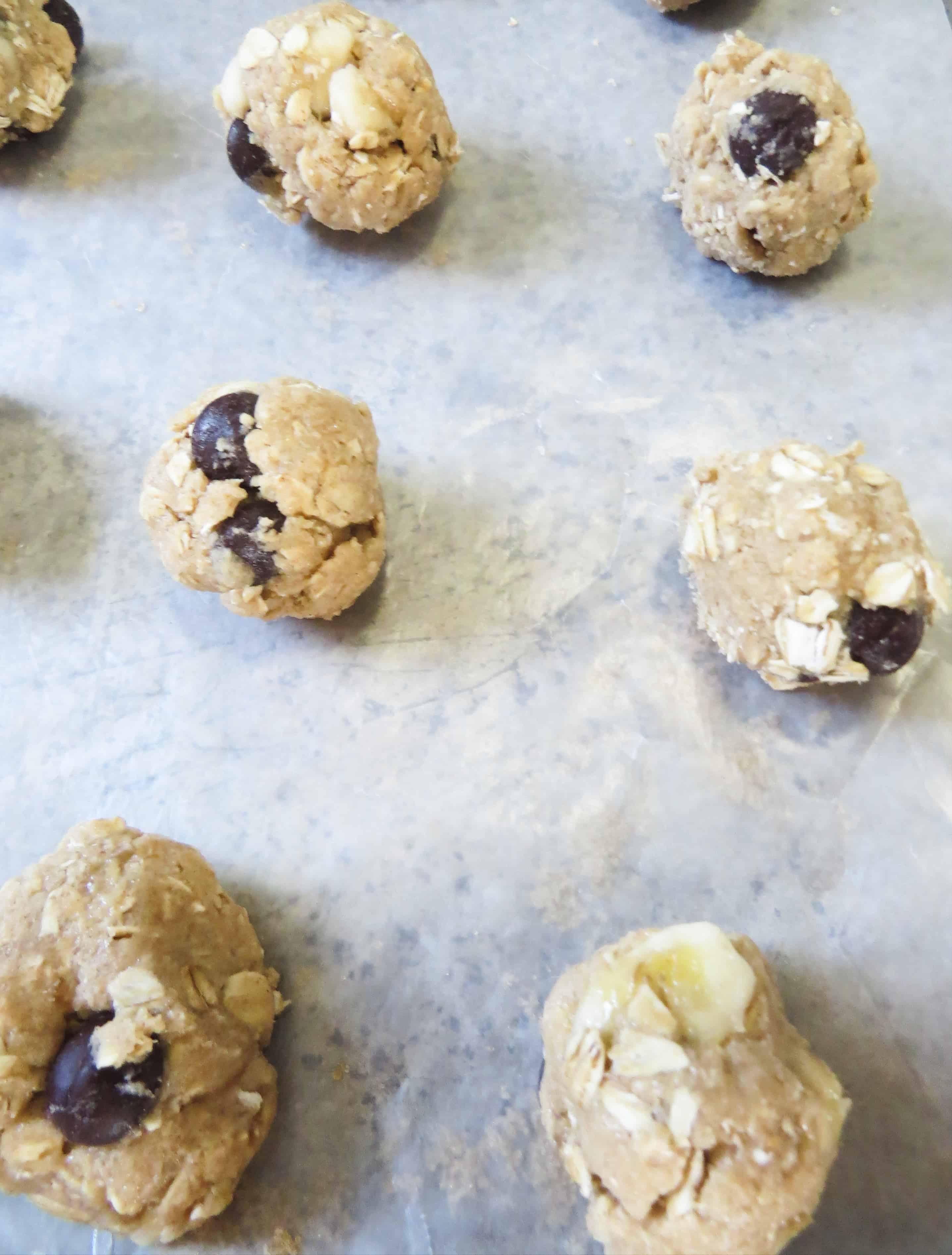 Oatmeal Banana Chocolate Chip Cookies on baking sheet