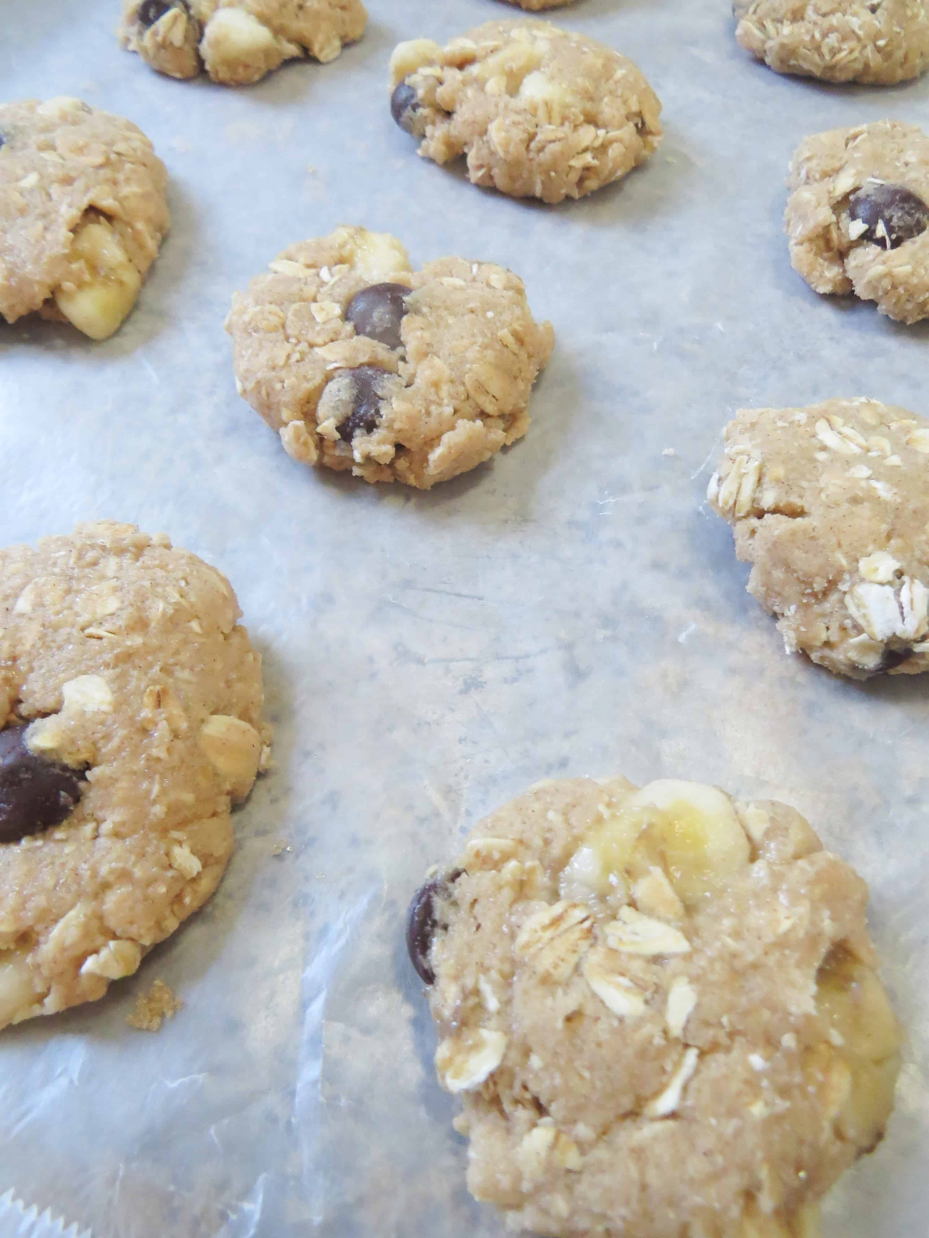 Oatmeal Banana Chocolate Chip Cookies on baking sheet