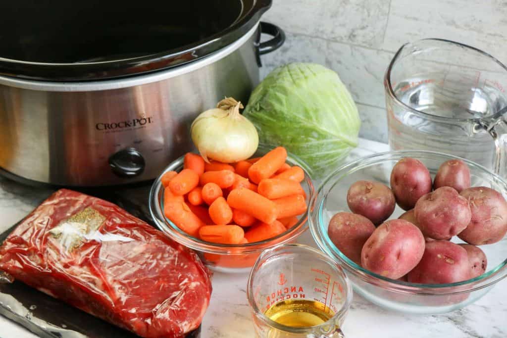 Ingredients needed to make Corned Beef and Cabbage.