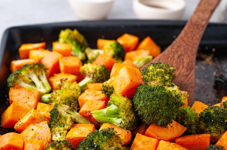 Roasted Broccoli and Sweet Potatoes in Coconut Oil