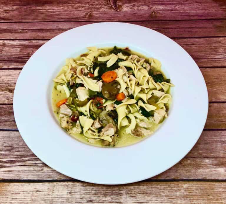 Chicken Noodle Soup with Spinach and Toasted Baguette