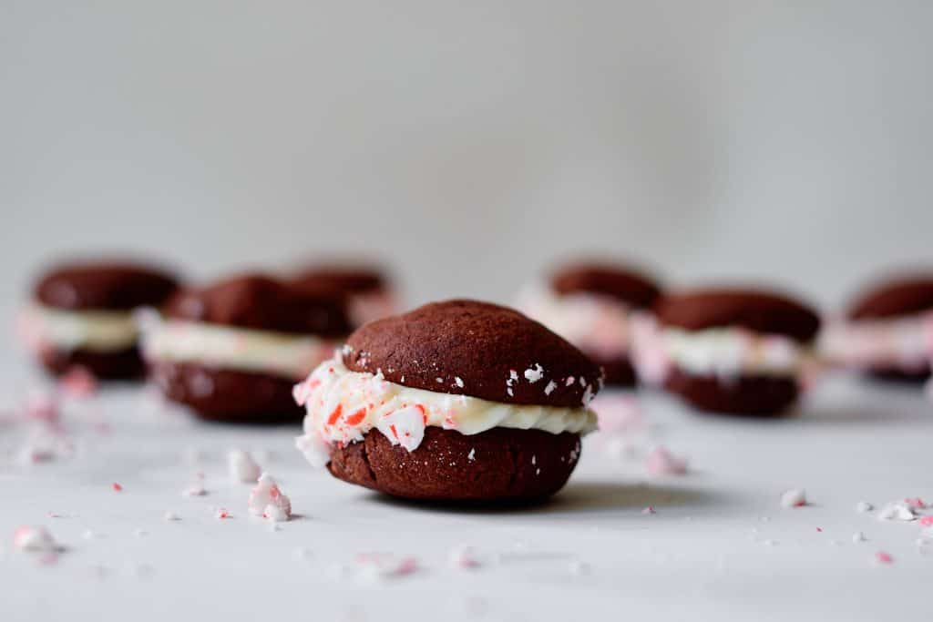 Chocolate candy cane cookies lined up.
