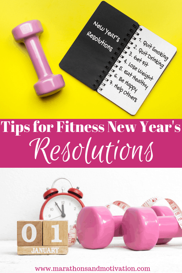 Tips for Fitness New Year's Resolutions: Pink Dumbbells, alarm clock, journal with resolutions
