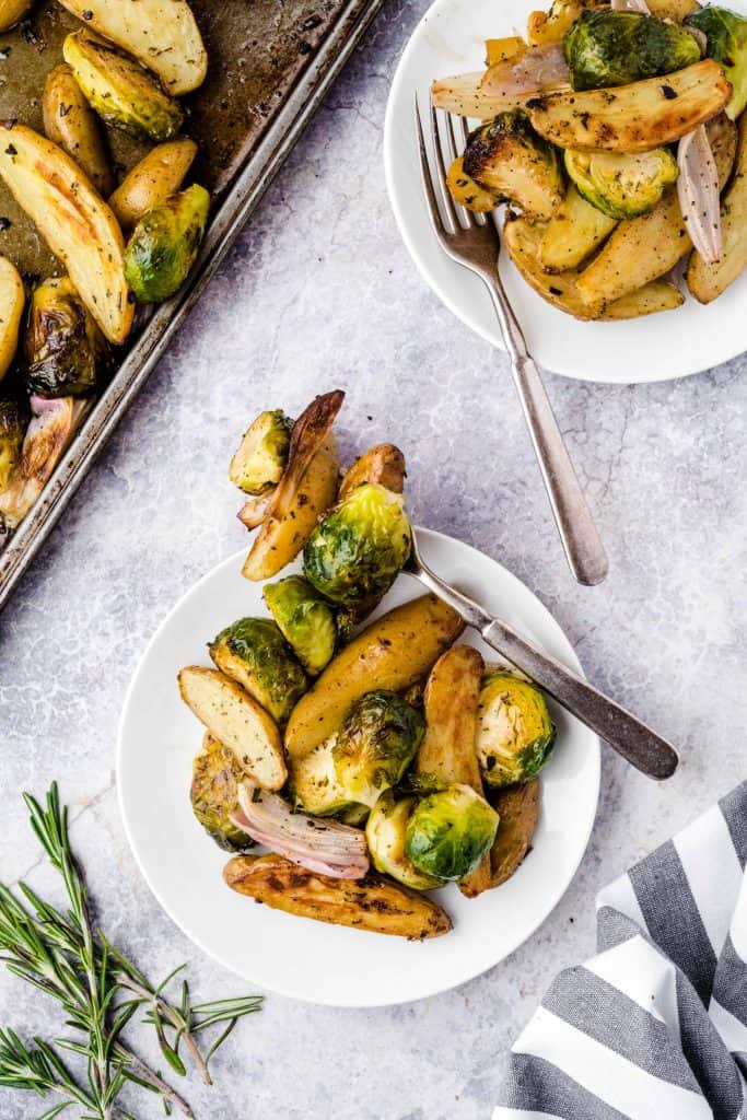 Overhead shot of potatoes on white plate