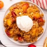 overhead view of cherry crumble a la mode