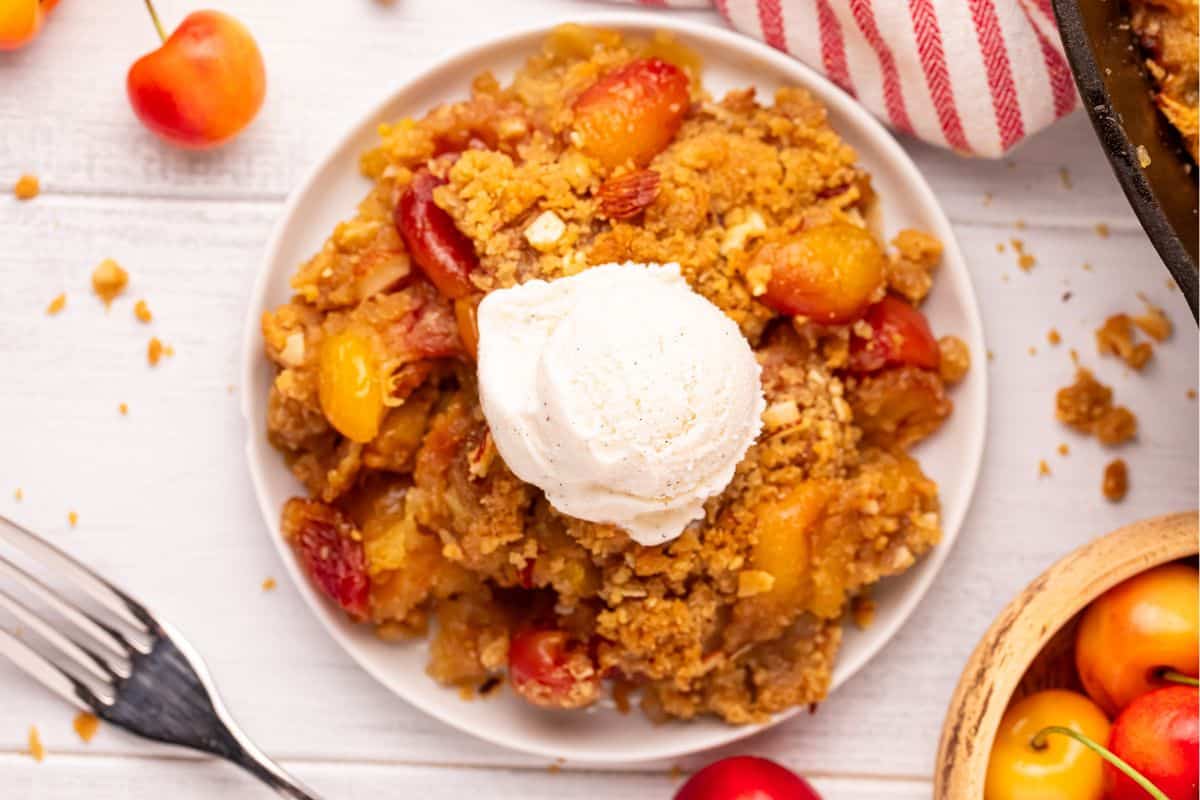 overhead view of cherry crumble a la mode