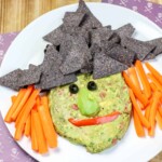 Overhead view of Halloween Witch Chips and Guacamole.