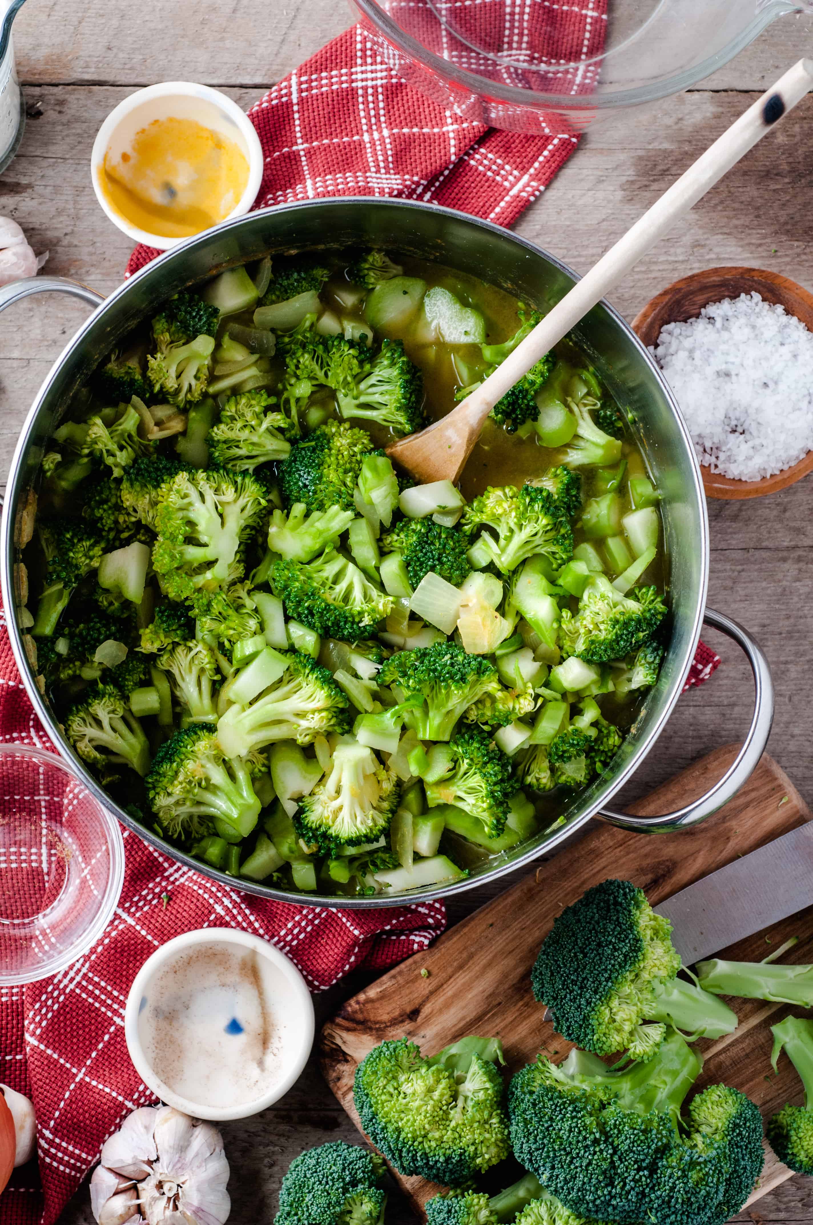 Vegetarian Cream of Broccoli soup ingredients in pot