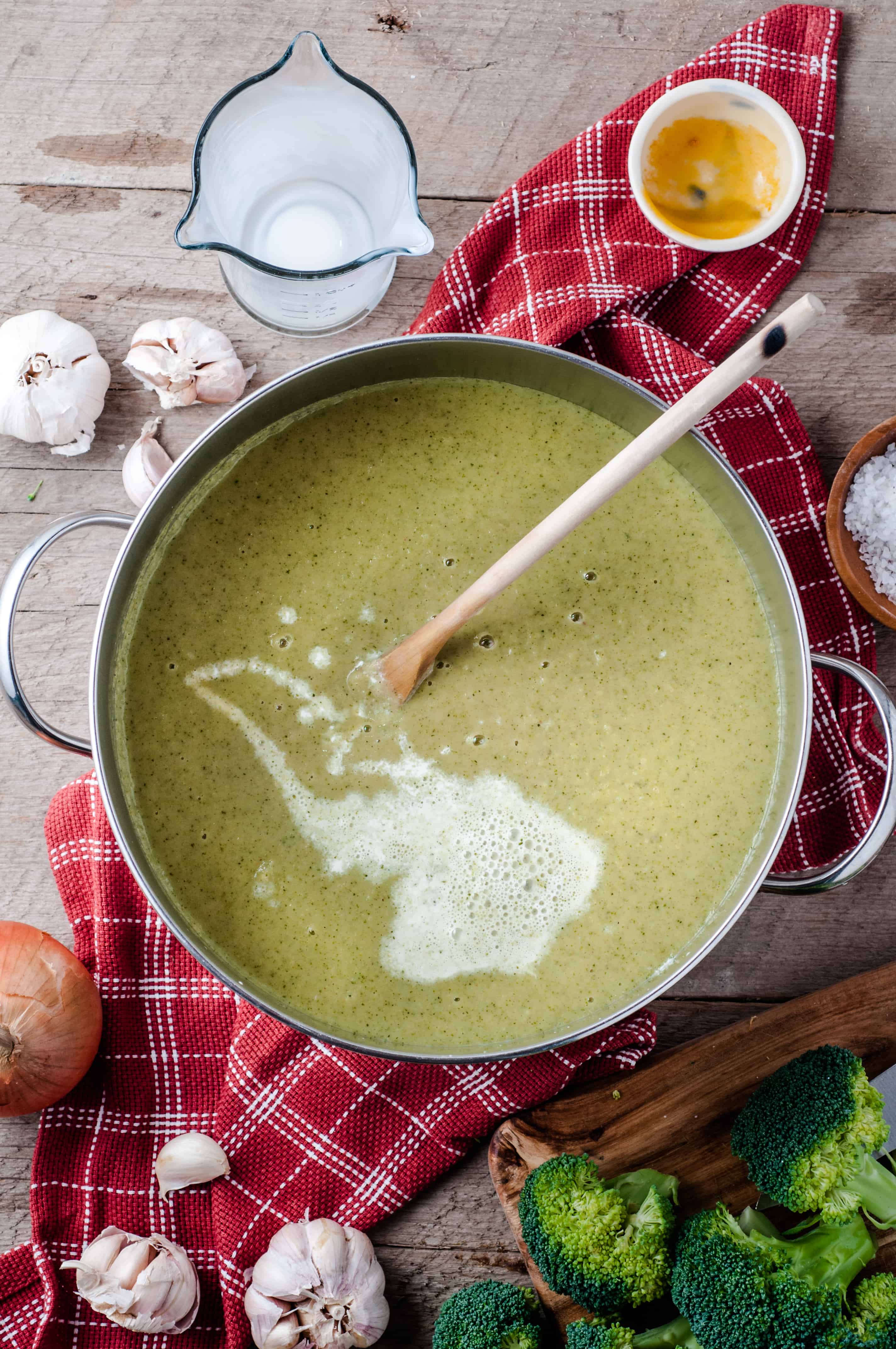 Vegetarian Cream of Broccoli soup ingredients in pot