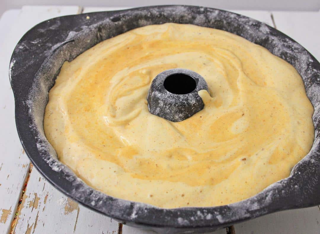Pumpkin Angel Food Cake batter in pan.