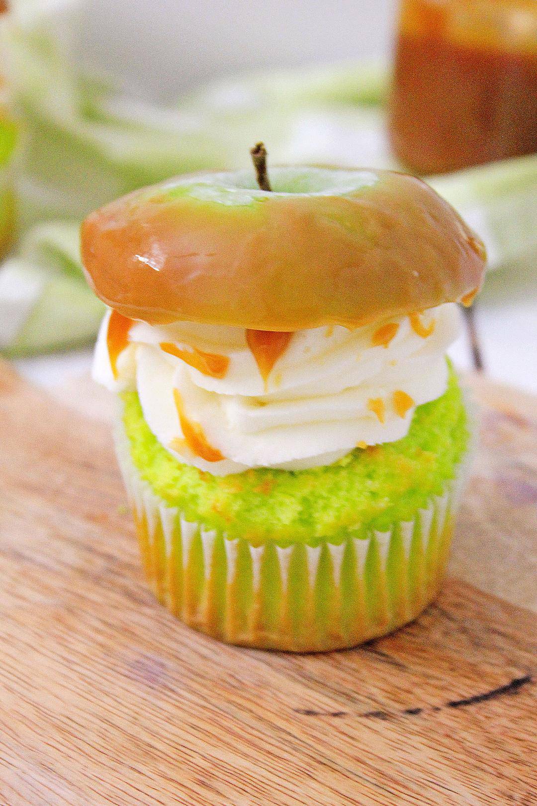 Caramel Apple Cupcake on wooden board