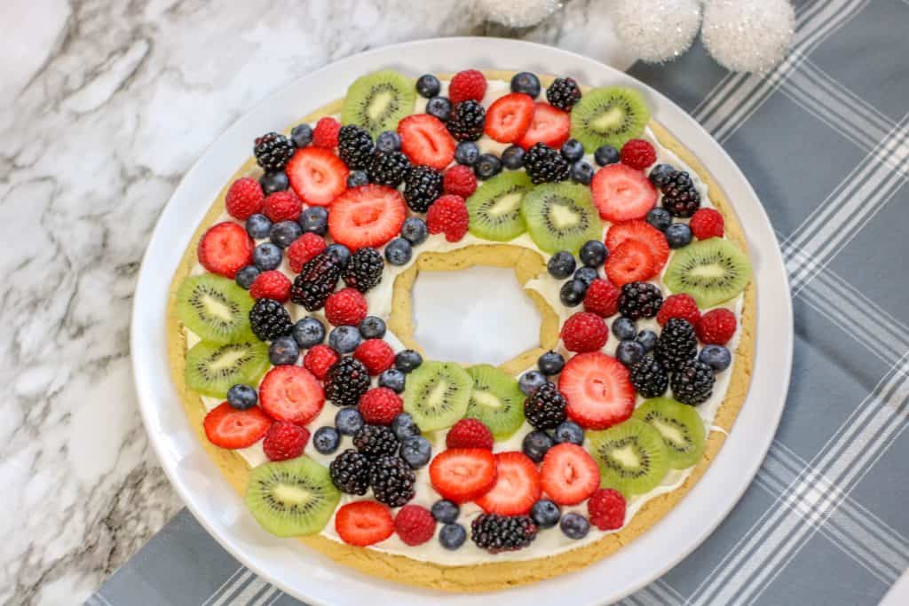 Overhead view of Fruit Pizza Christmas Wreath.