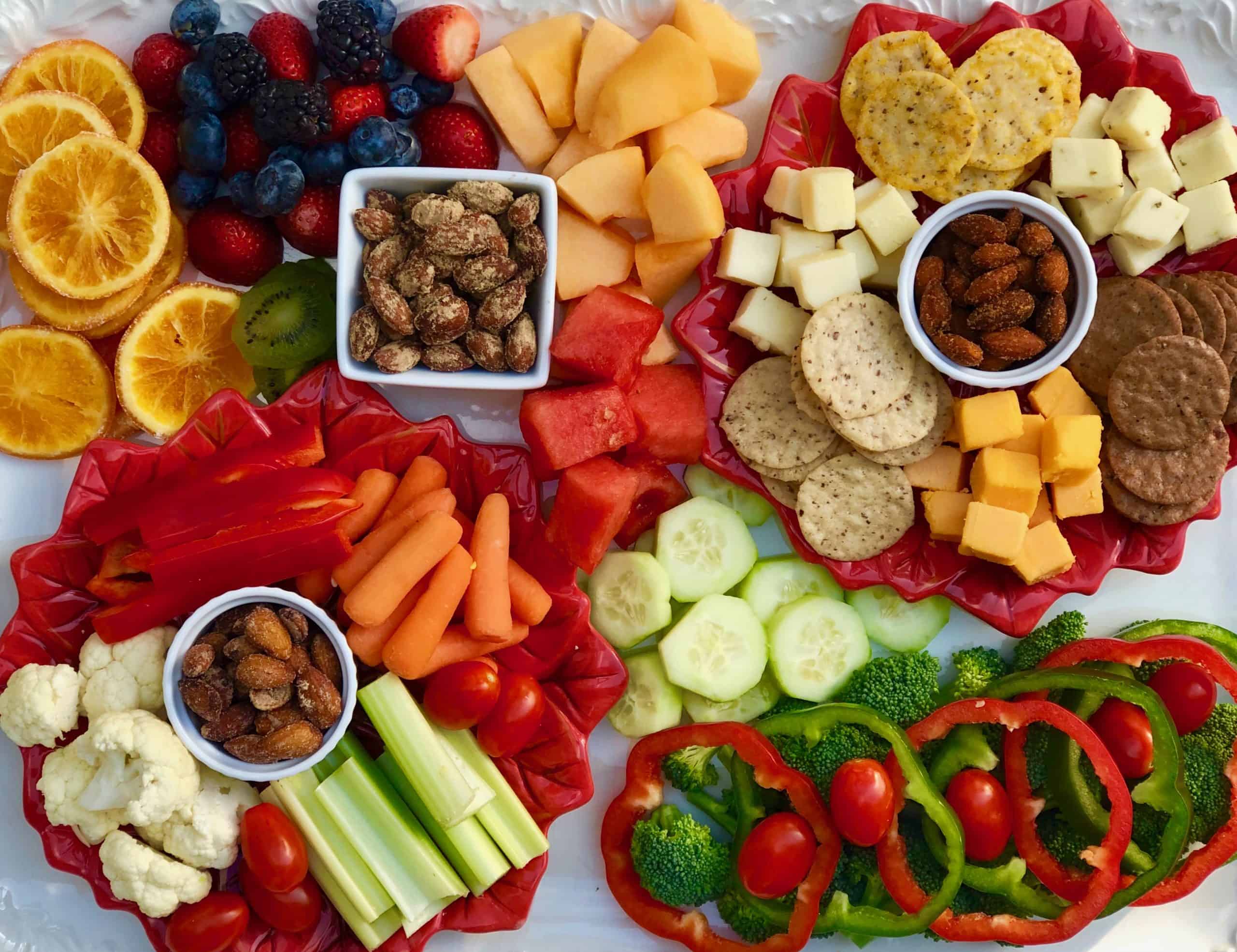 Holiday fruit, vegetable, cheese and almond platter