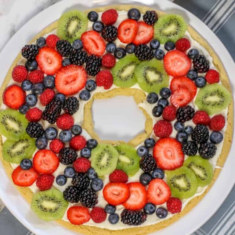 Overhead view of Fruit Pizza Christmas Wreath.