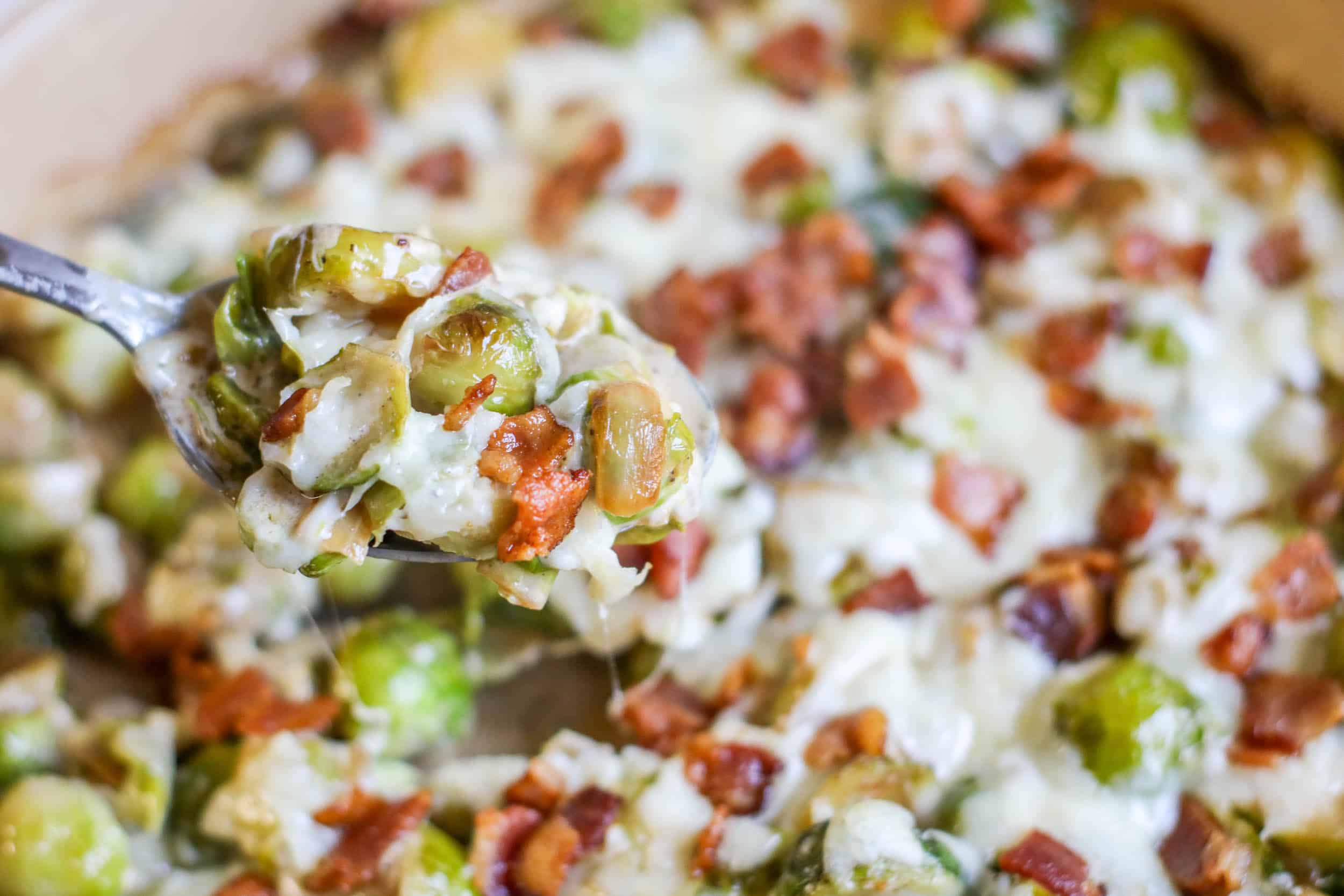 Cheesy Bacon Brussels Sprouts Casserole hot out of the oven.