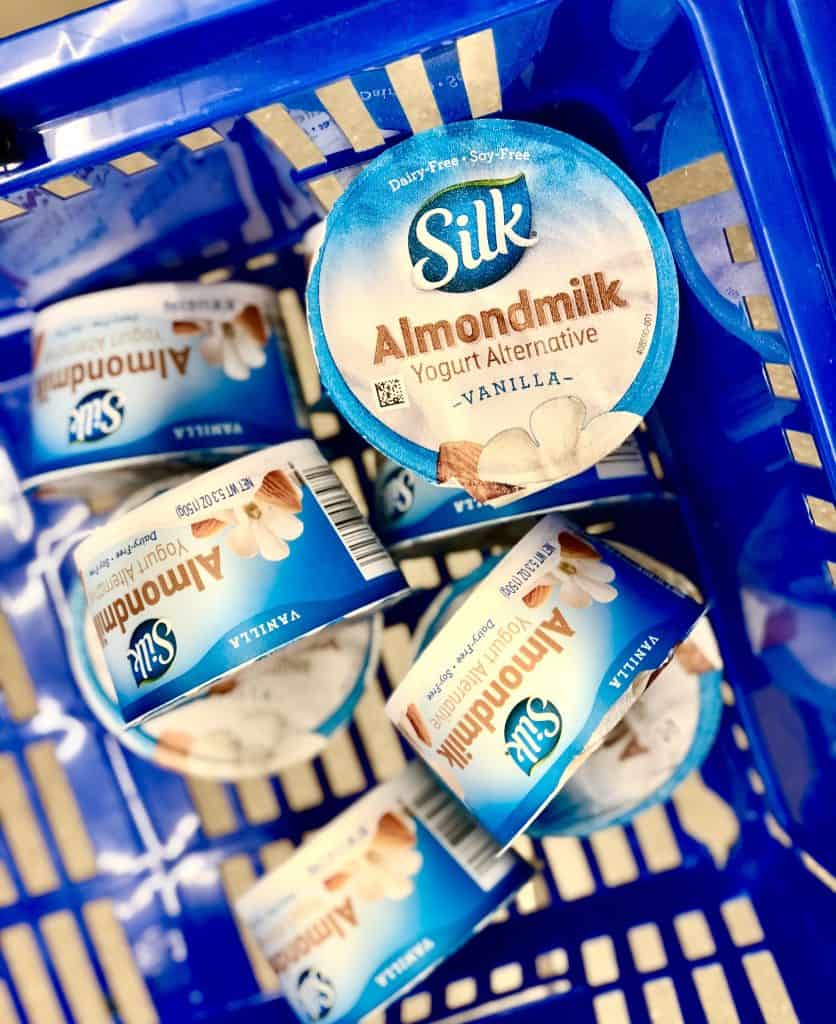 Silk yogurt in blue Walmart basket
