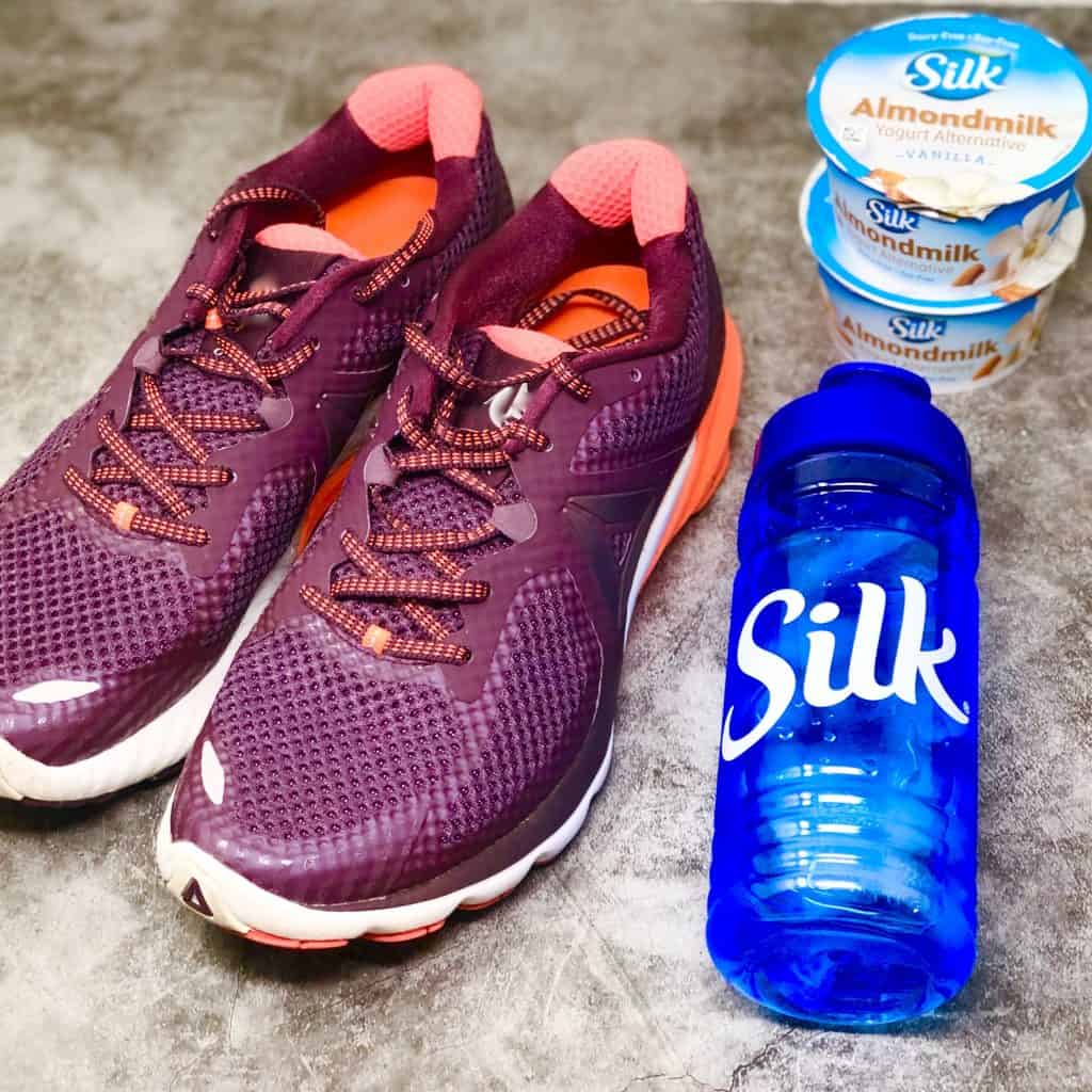Purple sneakers, Silk water bottle and Silk Yogurt