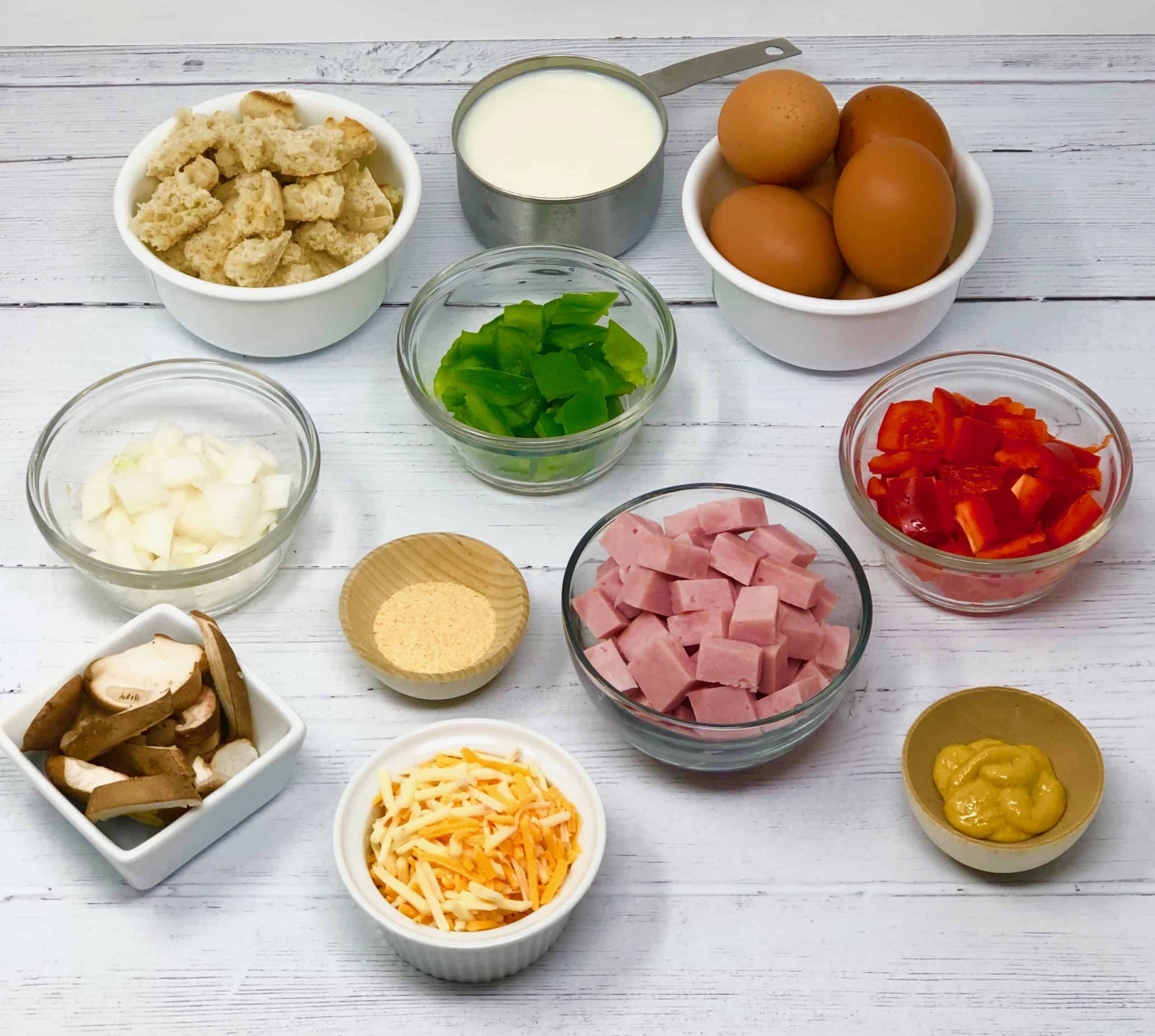 Hatfield Ham and Veggie Strata ingredients on a white background.