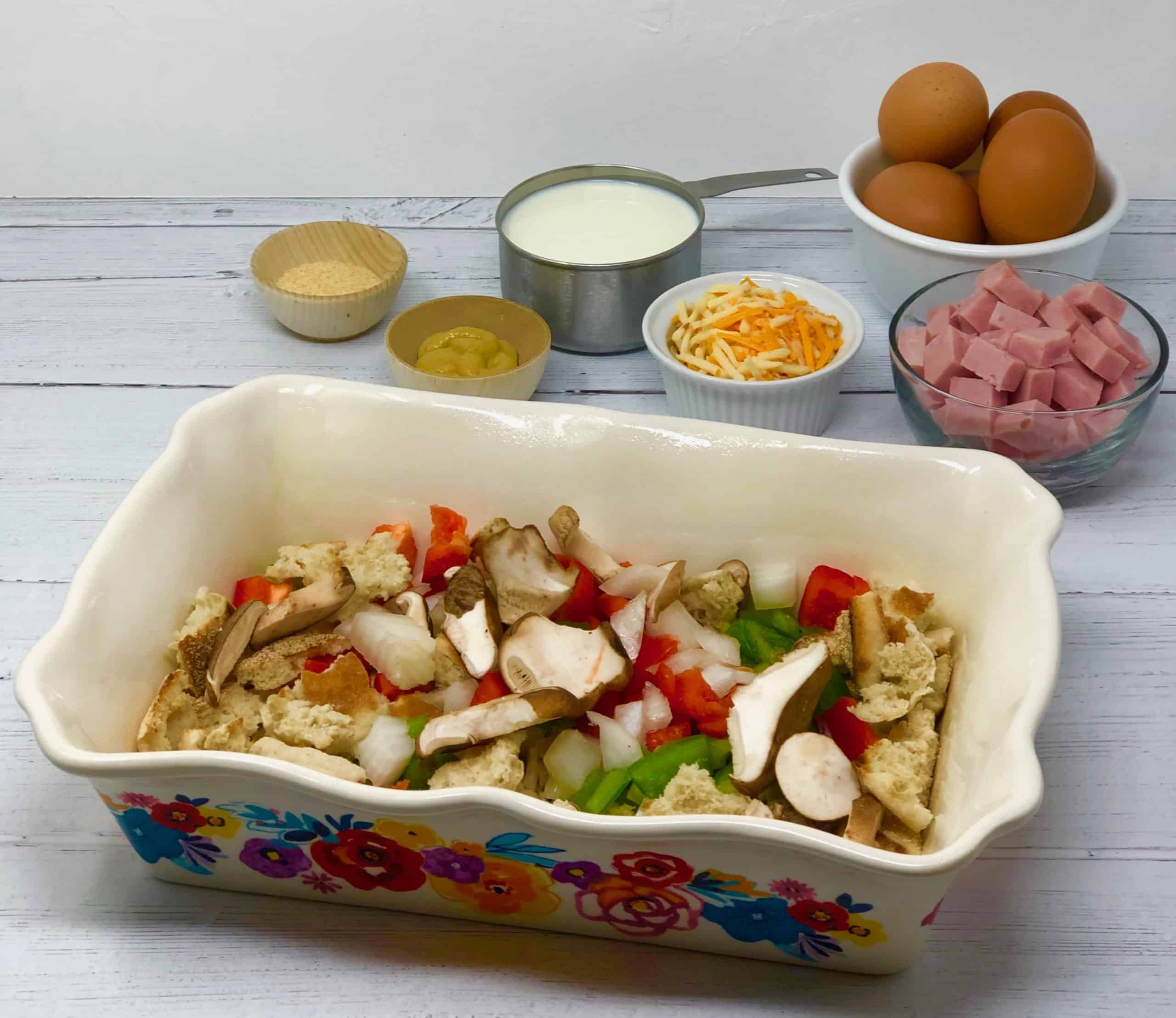 Strata in a baking dish.