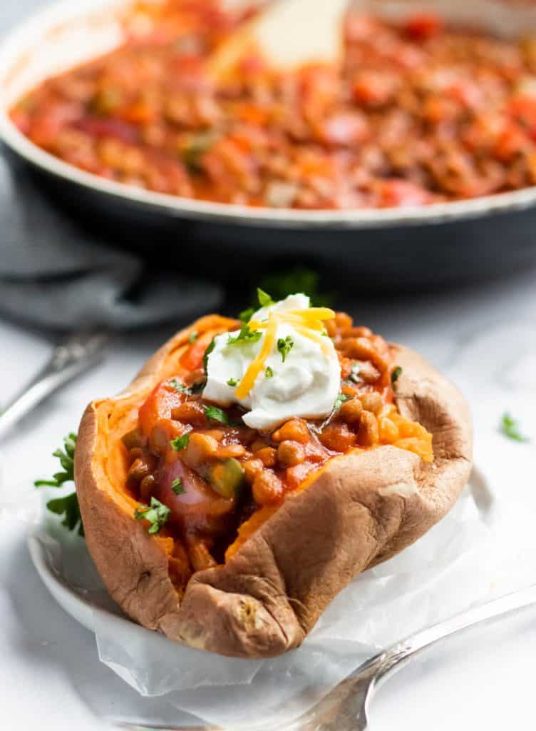 15 Minute Lentil Sloppy Joe Stuffed Sweet Potatoes