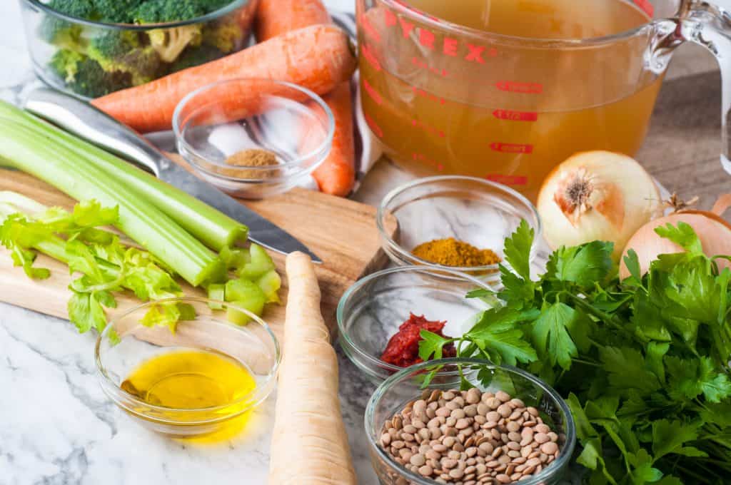 Ingredients for vegan lentil soup.
