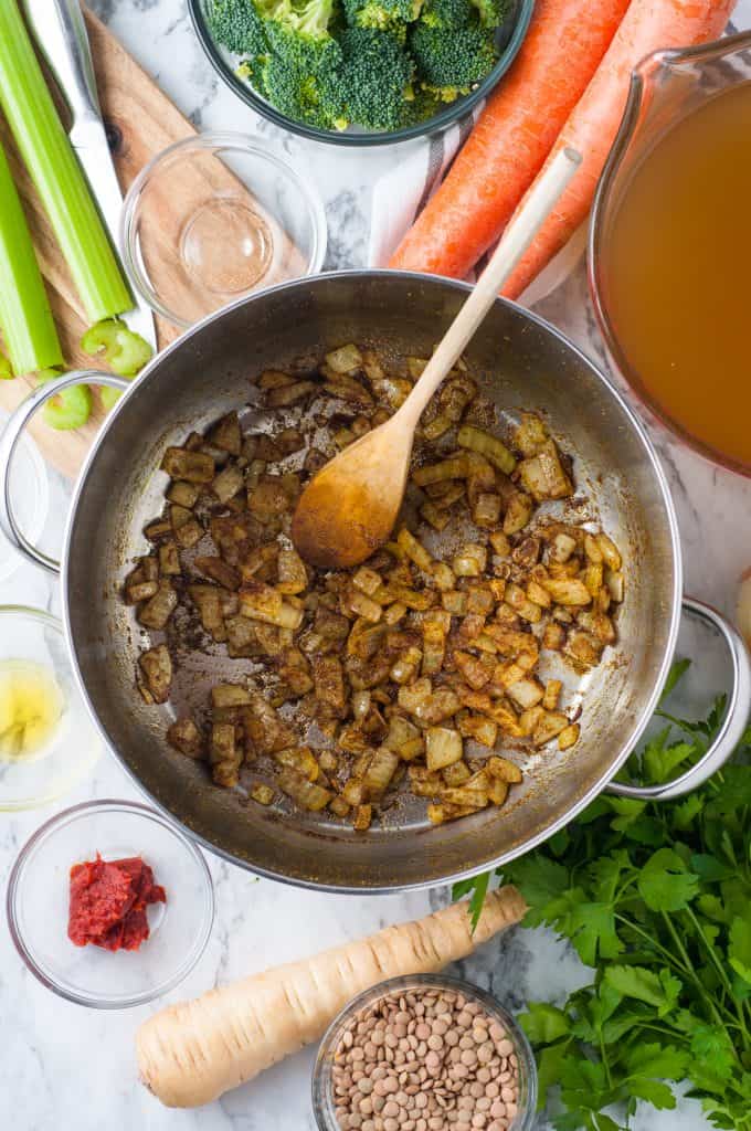 Onions sautéed in a sauce pan with spices.