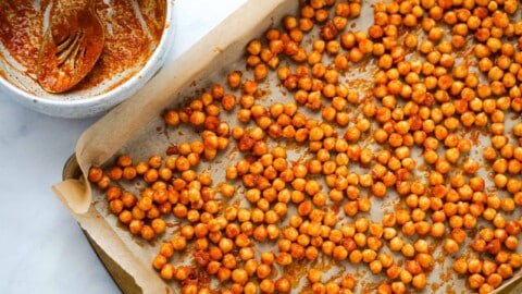 Buffalo Chickpeas on a roasting pan.