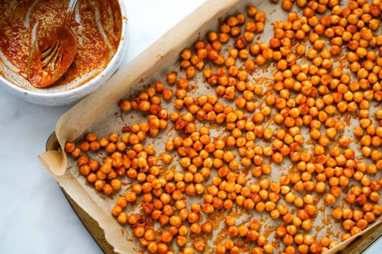 Buffalo Chickpeas on a roasting pan.