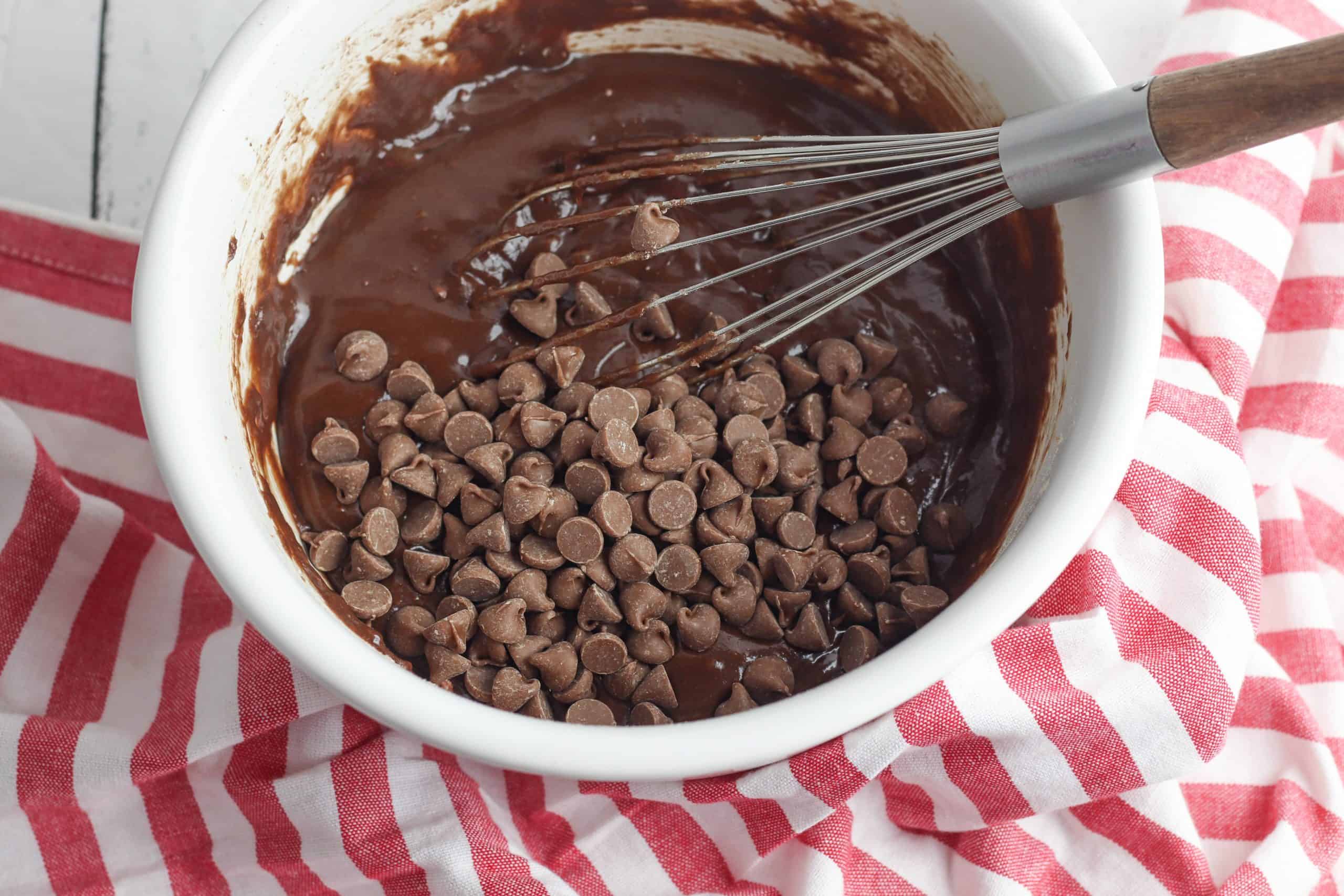 Brownie batter and chocolate chips in a white bowl.