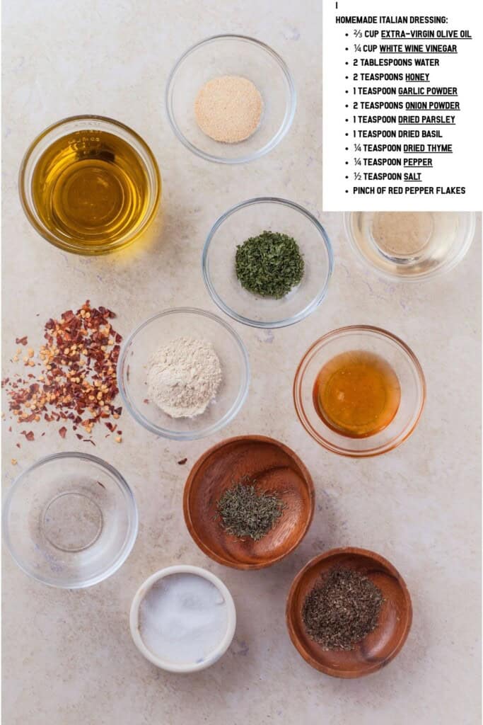 Overhead view of Italian salad dressing ingredients.