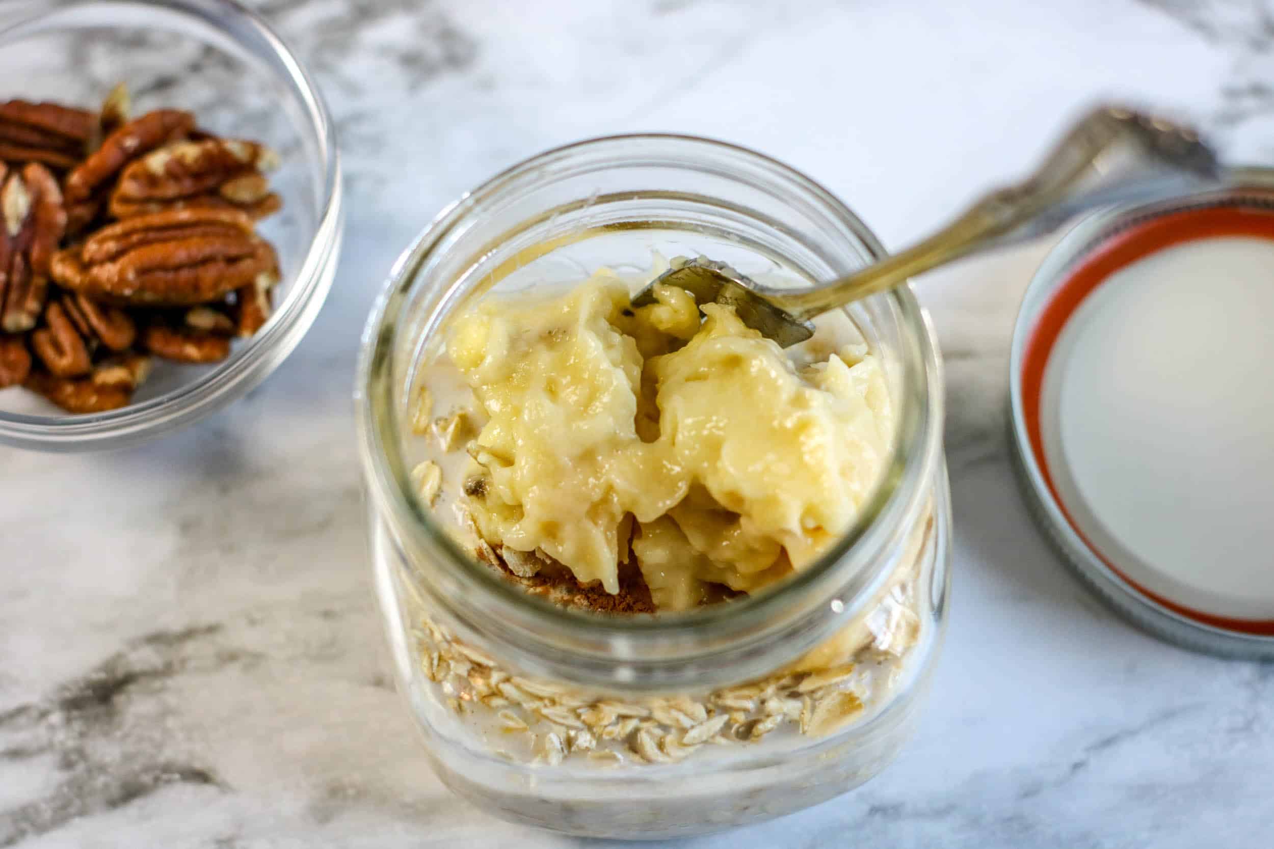 Overhead shot of prep of banana bread oats.