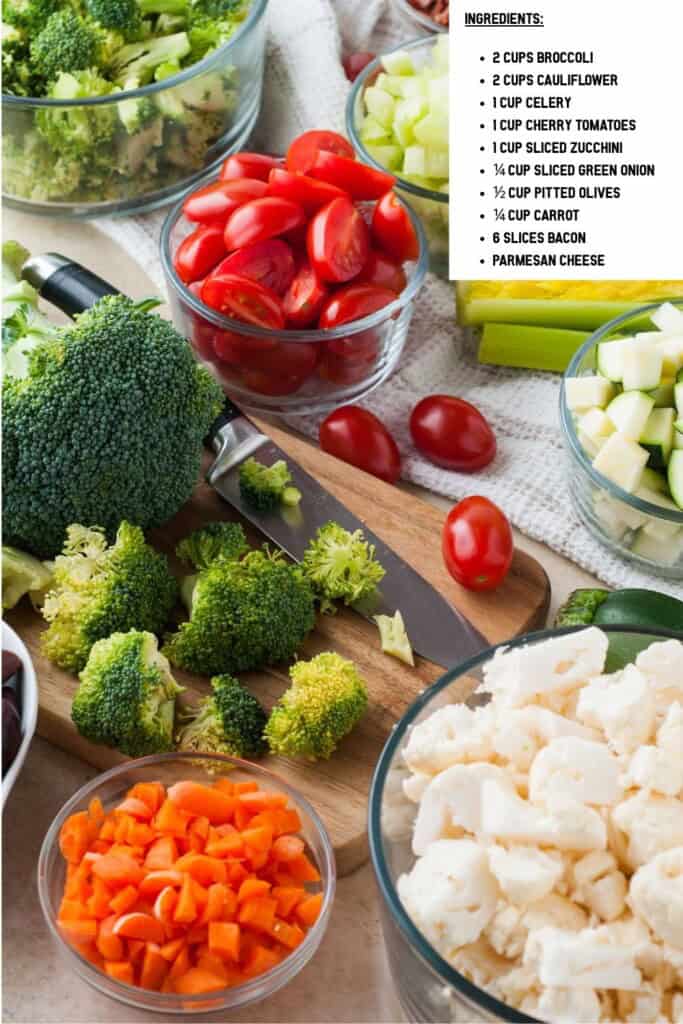 Overhead view of broccoli cauliflower crunch salad ingredients.