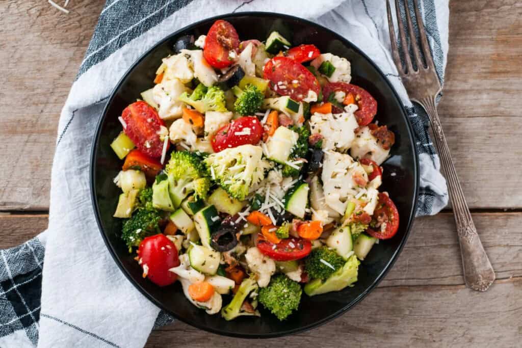 Raw broccoli cauliflower crunch salad.