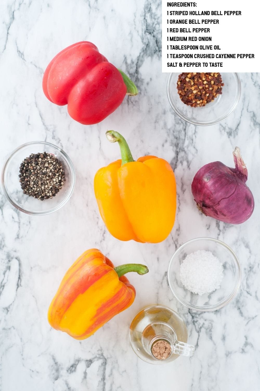 Overhead view of ingredients for oven roasted bell peppers and onions.