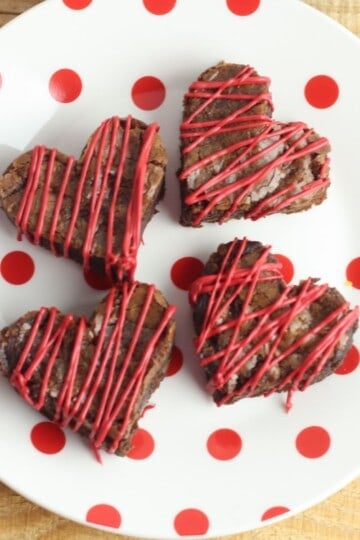 Overhead view of Valentines day heart shaped brownies.