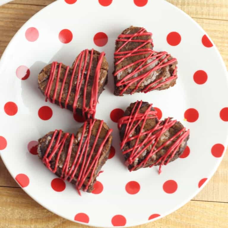 Overhead view of Valentines day heart shaped brownies.