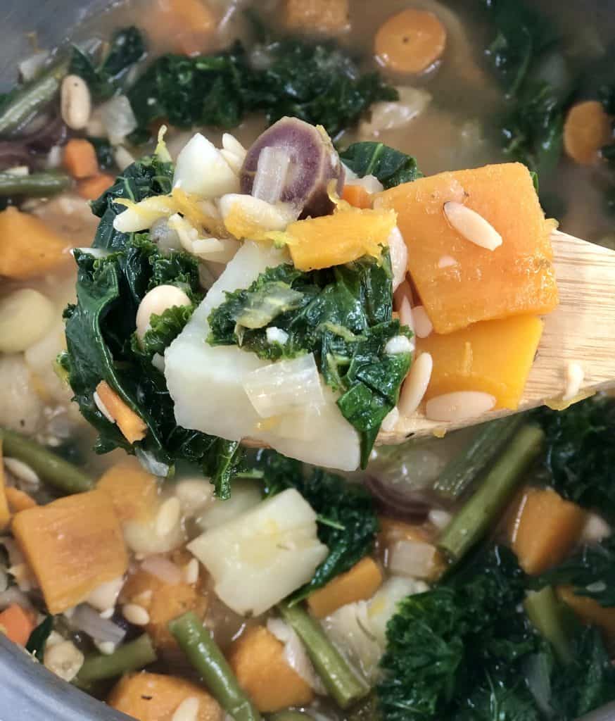 Close-up shot of Vegetarian Minsestrone.