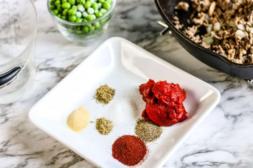 Peas, spices and tomato paste.