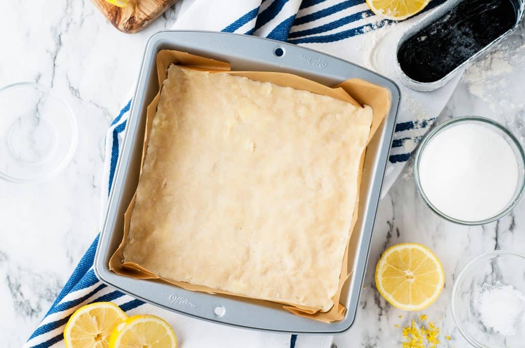 Shortbread in a baking pan.