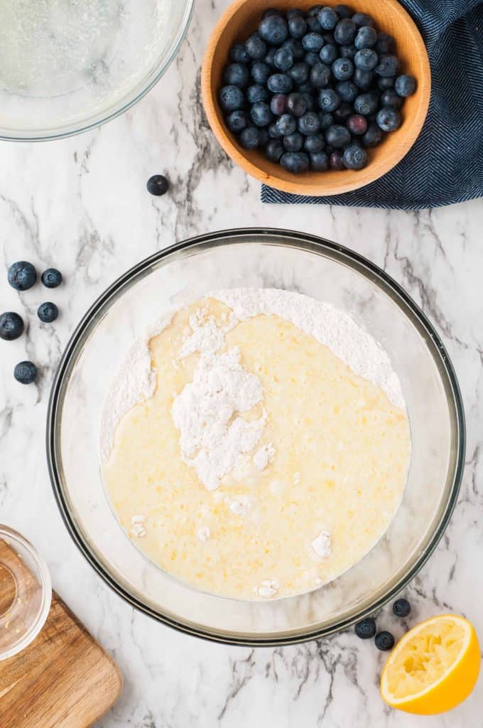 Scone batter in a clear glass bowl