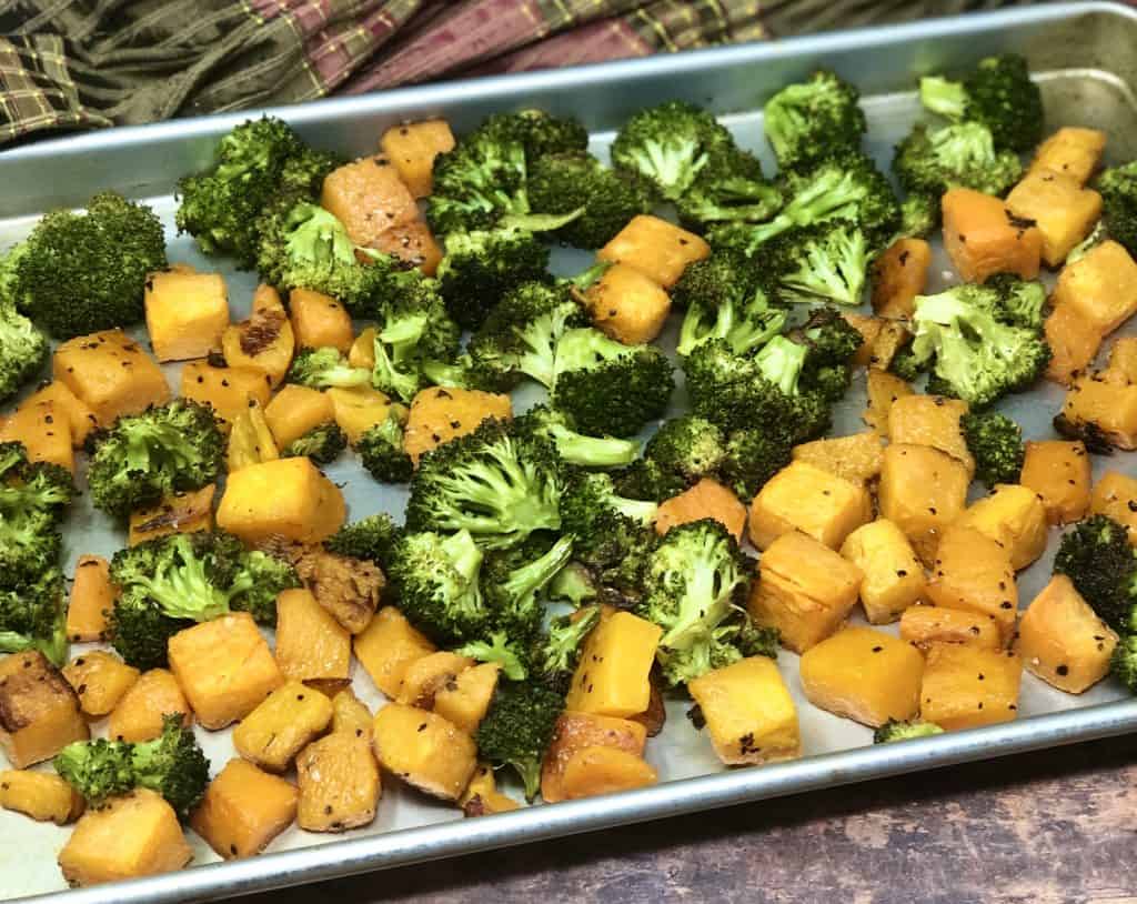 Roasted sweet potatoes and broccoli