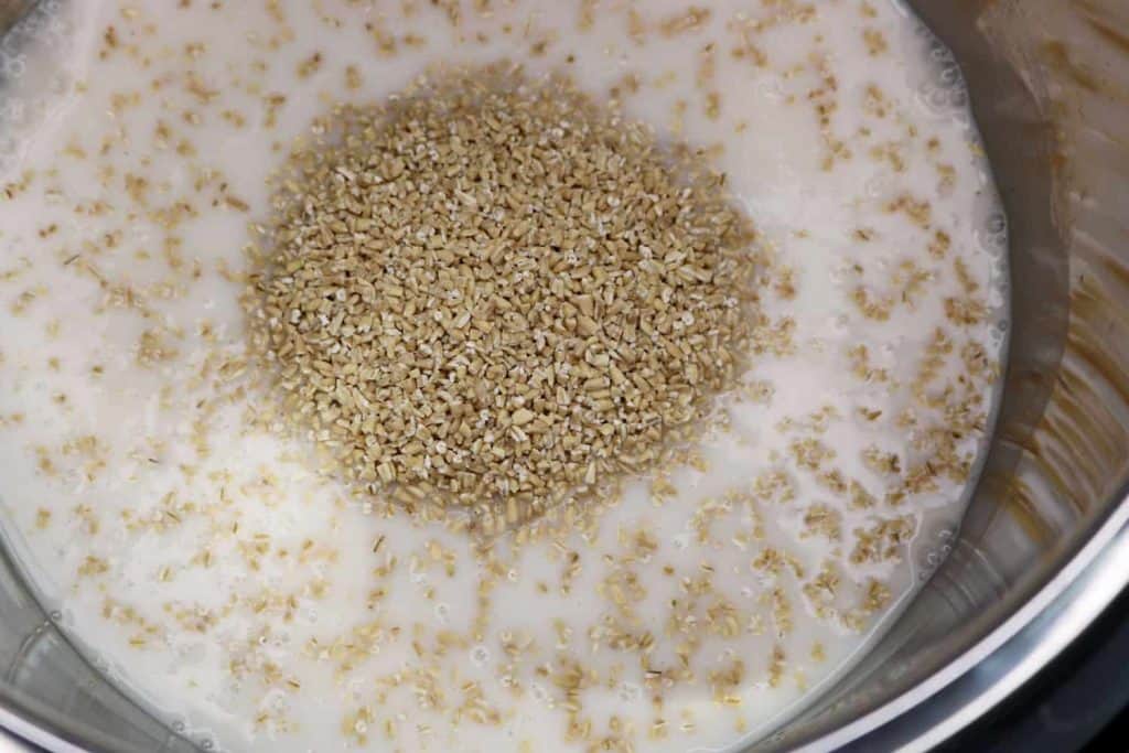 Oatmeal on top of almond milk in Instant Pot.