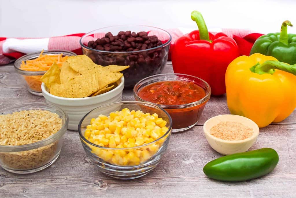 Ingredients for vegetarian stuffed bell peppers.