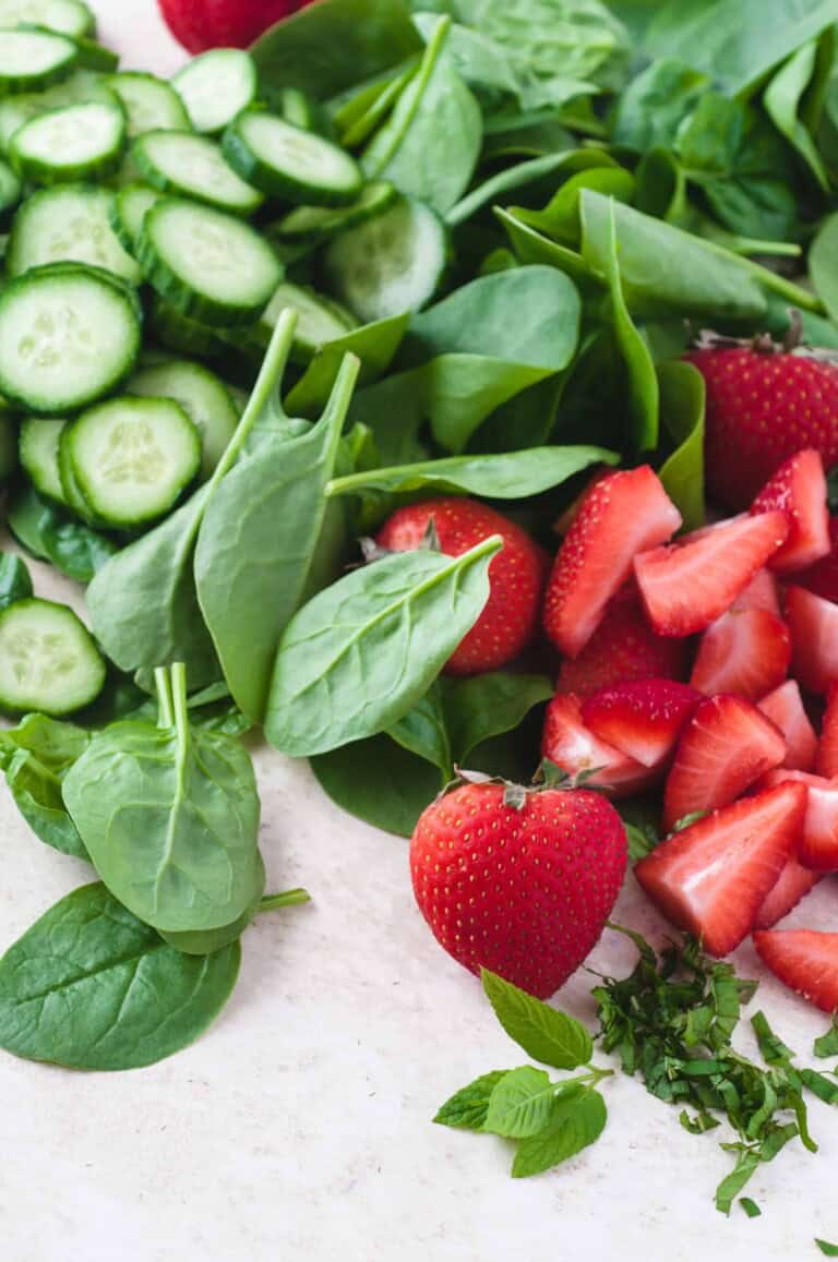 Baby Spinach, Sliced Cucumbers and Sliced Strawberries