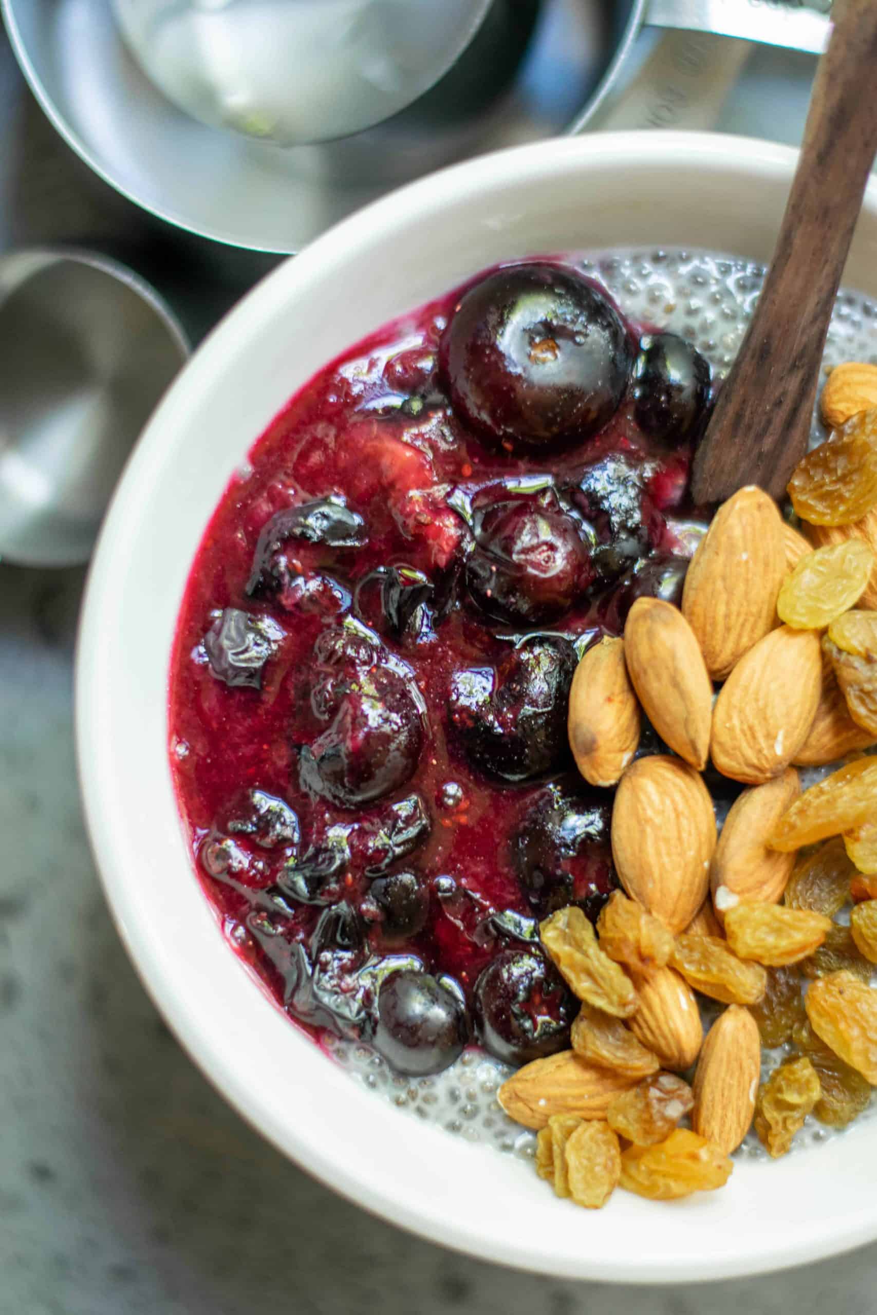 Overhead closeup of blueberry chia pudding.