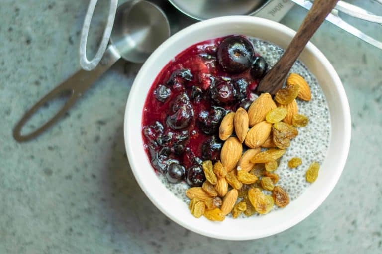 Overhead horizontal photo of Healthy Blueberry Cherry Pudding